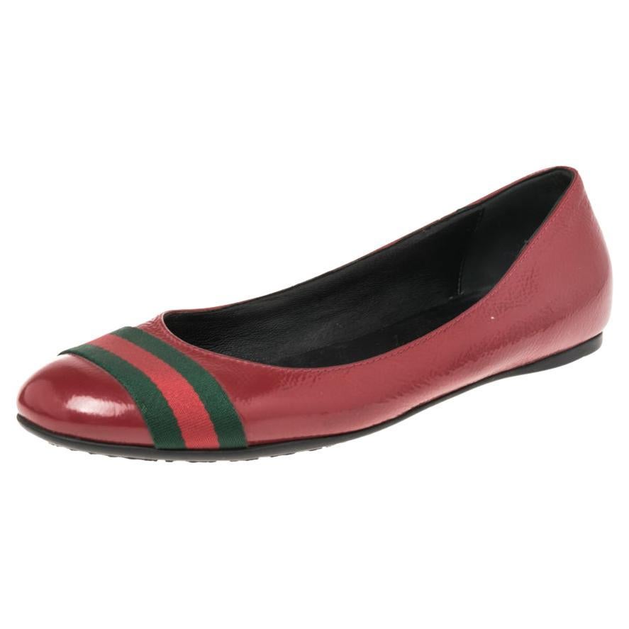 Gucci Red Patent Leather Web Stripe Ballet Flats Size 38