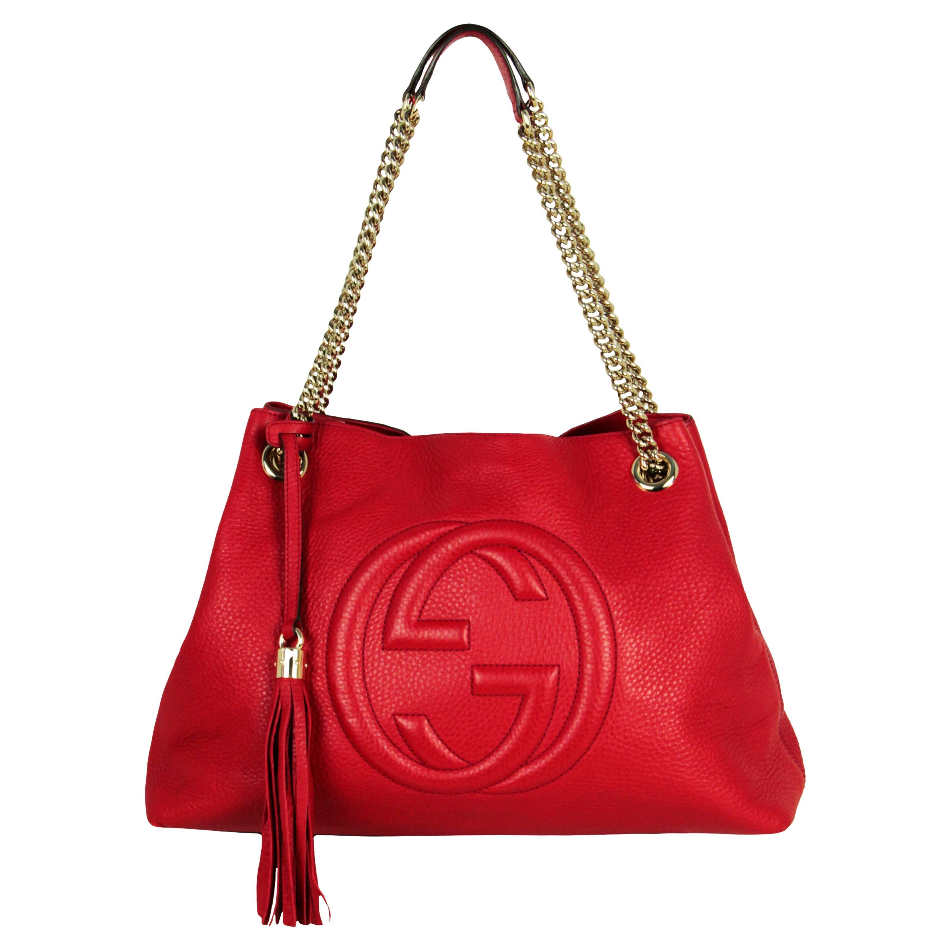Gucci Red Pebbled Calfskin Leather GG Soho Chain Tote Bag