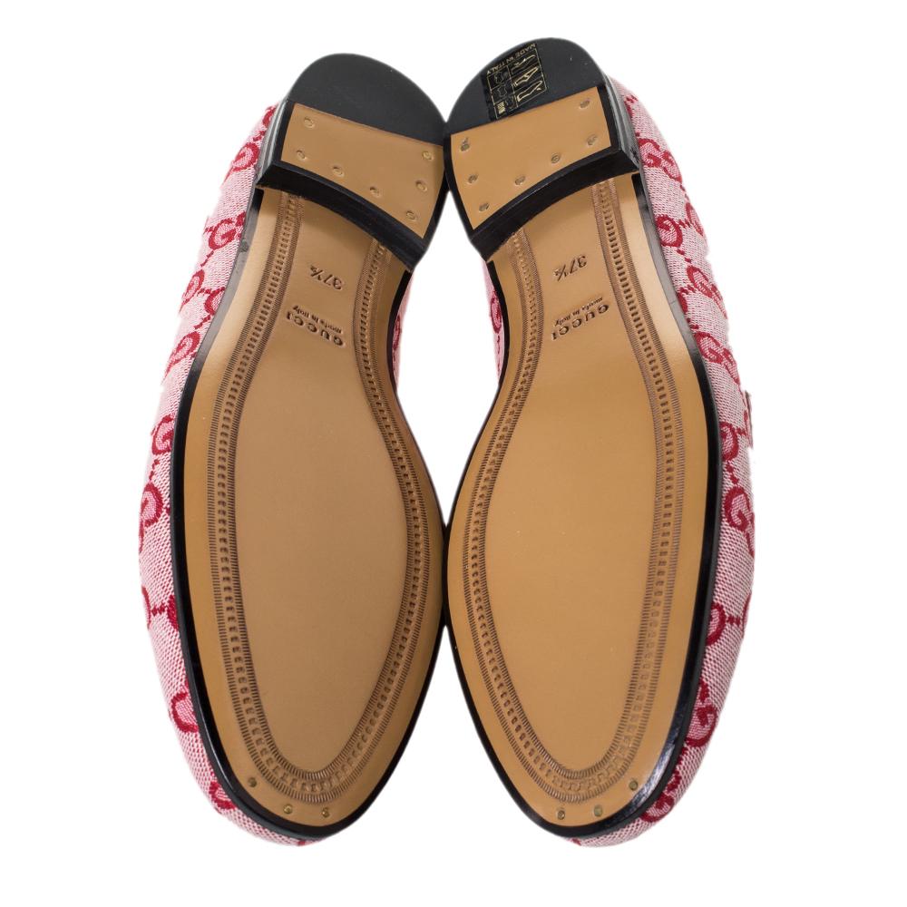 Gucci Red/Pink GG Canvas Horsebit Slip On Loafers Size 37.5 In New Condition In Dubai, Al Qouz 2