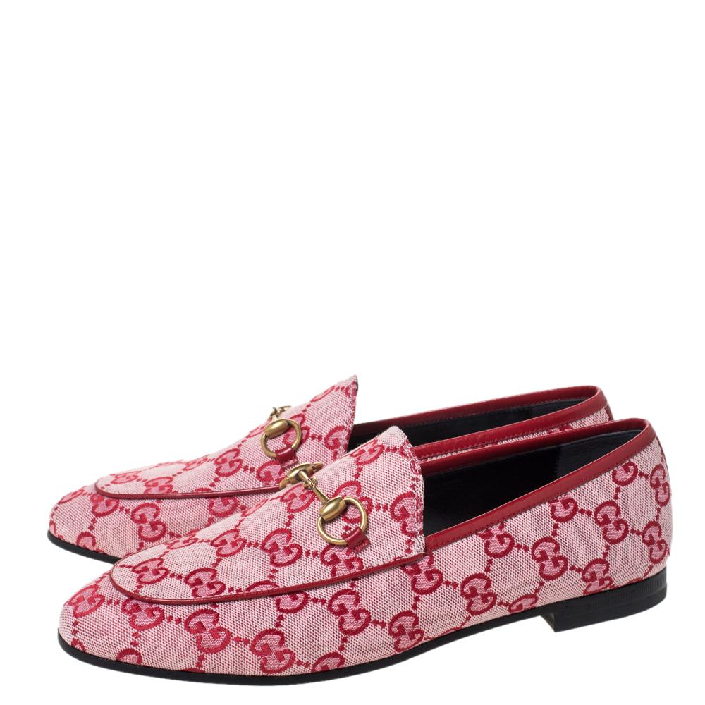 Gucci Red/Pink GG Canvas Horsebit Slip On Loafers Size 37.5 2