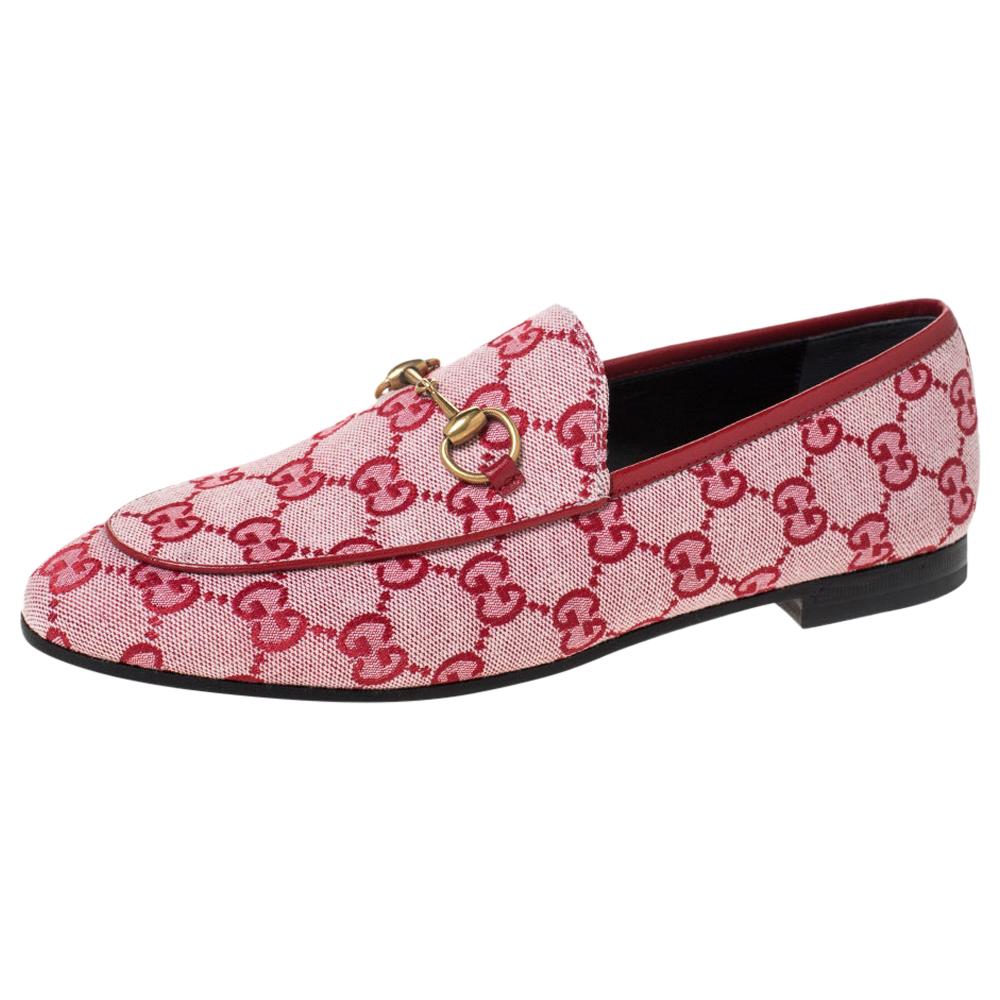 Gucci Red/Pink GG Canvas Horsebit Slip On Loafers Size 37.5