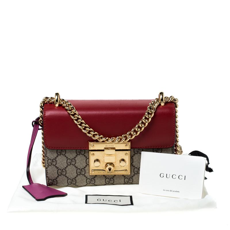 Gucci Red/Pink Leather and GG Supreme Monogram Canvas Small Padlock Shoulder Bag 5