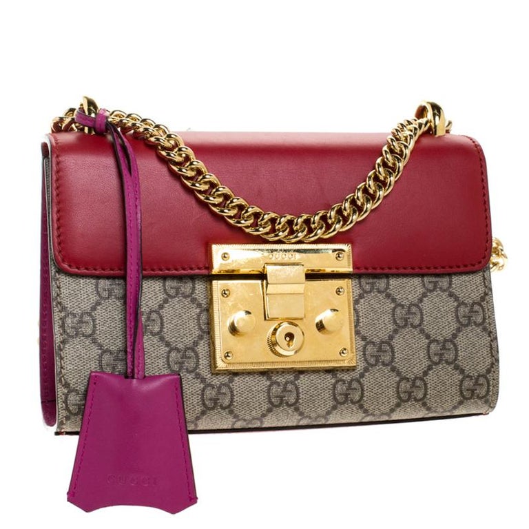 Gucci Red/Pink GG Supreme Coated Canvas and Leather Signature Padlock Small  Top Handle Bag - Yoogi's Closet