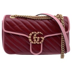 Used Gucci Red Pink Matelassé Leather Diagonal Marmont Shoulder Bag