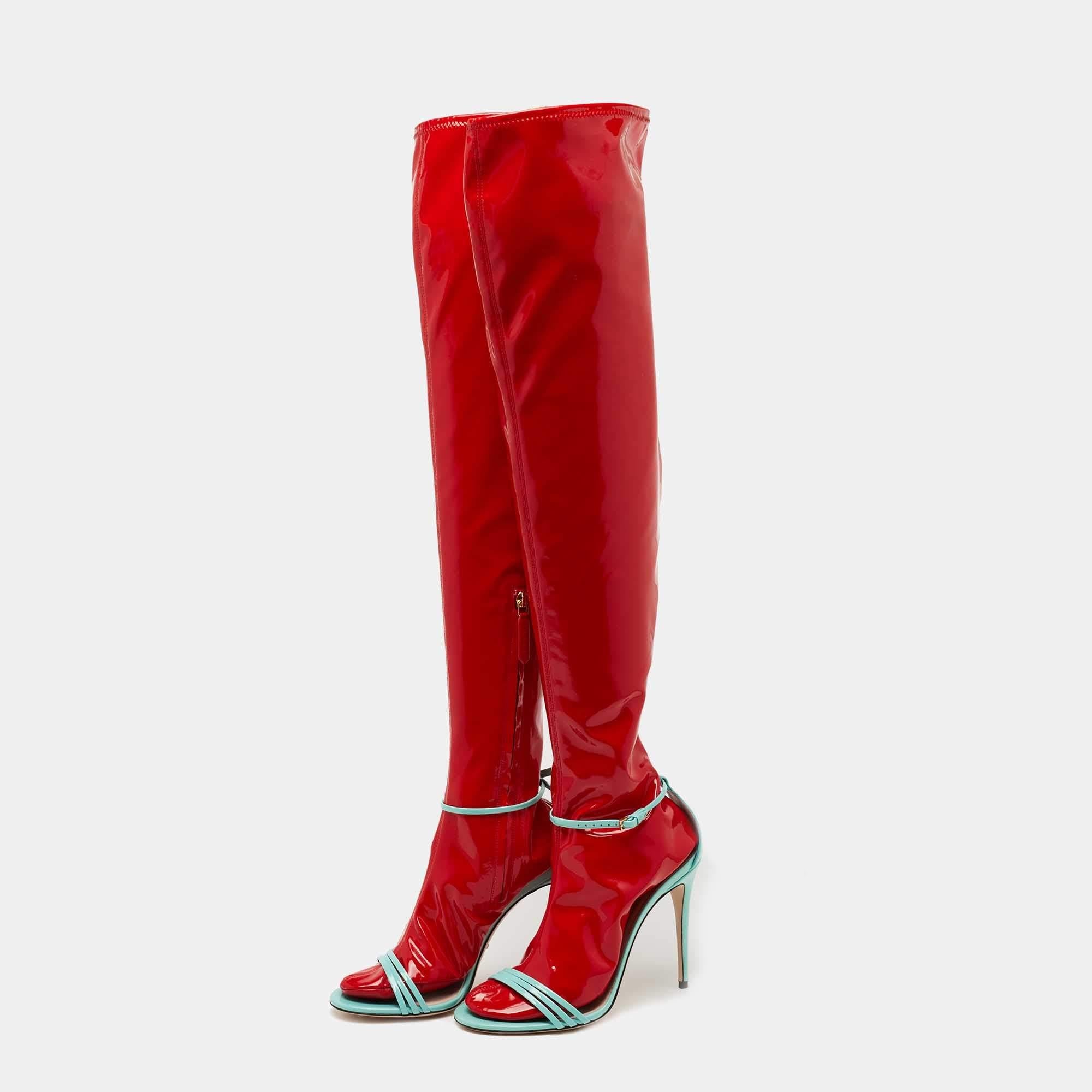 Women's Gucci Red PVC and Patent Knee High Latex Socks Sandals Size 40