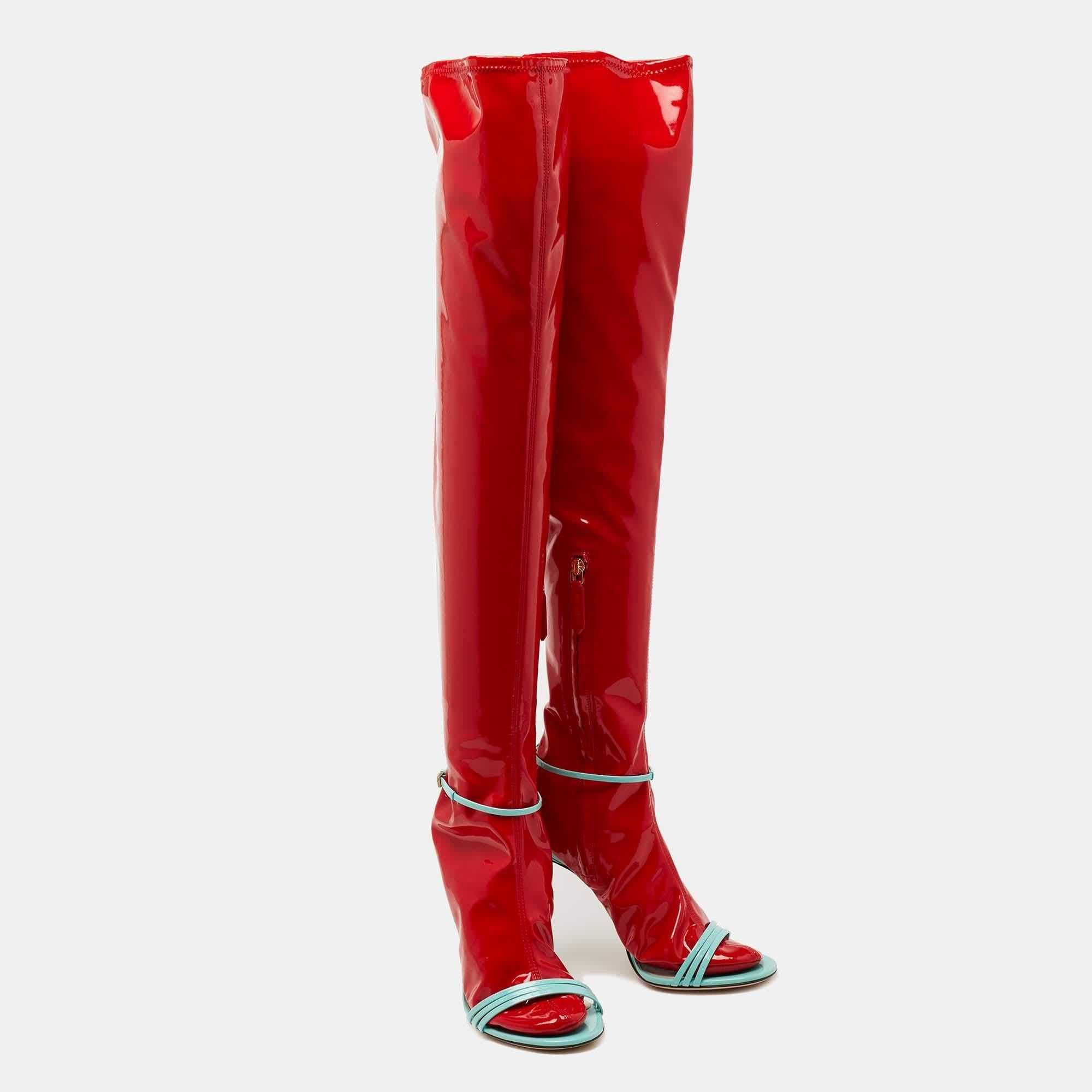 Gucci Red PVC and Patent Knee High Latex Socks Sandals Size 40 1