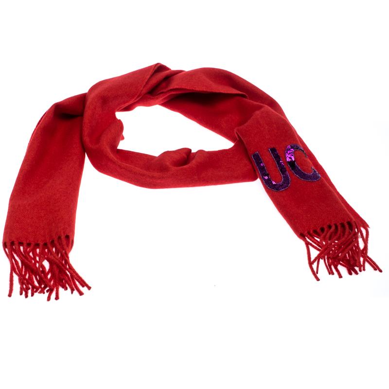Beautifully cut from silk and cashmere, this Gucci scarf features a sequin GUCCI logo on the bright red background. It is finished with fringed edges. Make this gorgeous scarf yours today, and flaunt it like a fashionista!

Includes: The Luxury
