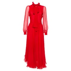 Gucci Red Silk Chiffon Collar Tie Belt Detail Flared Midi Dress S