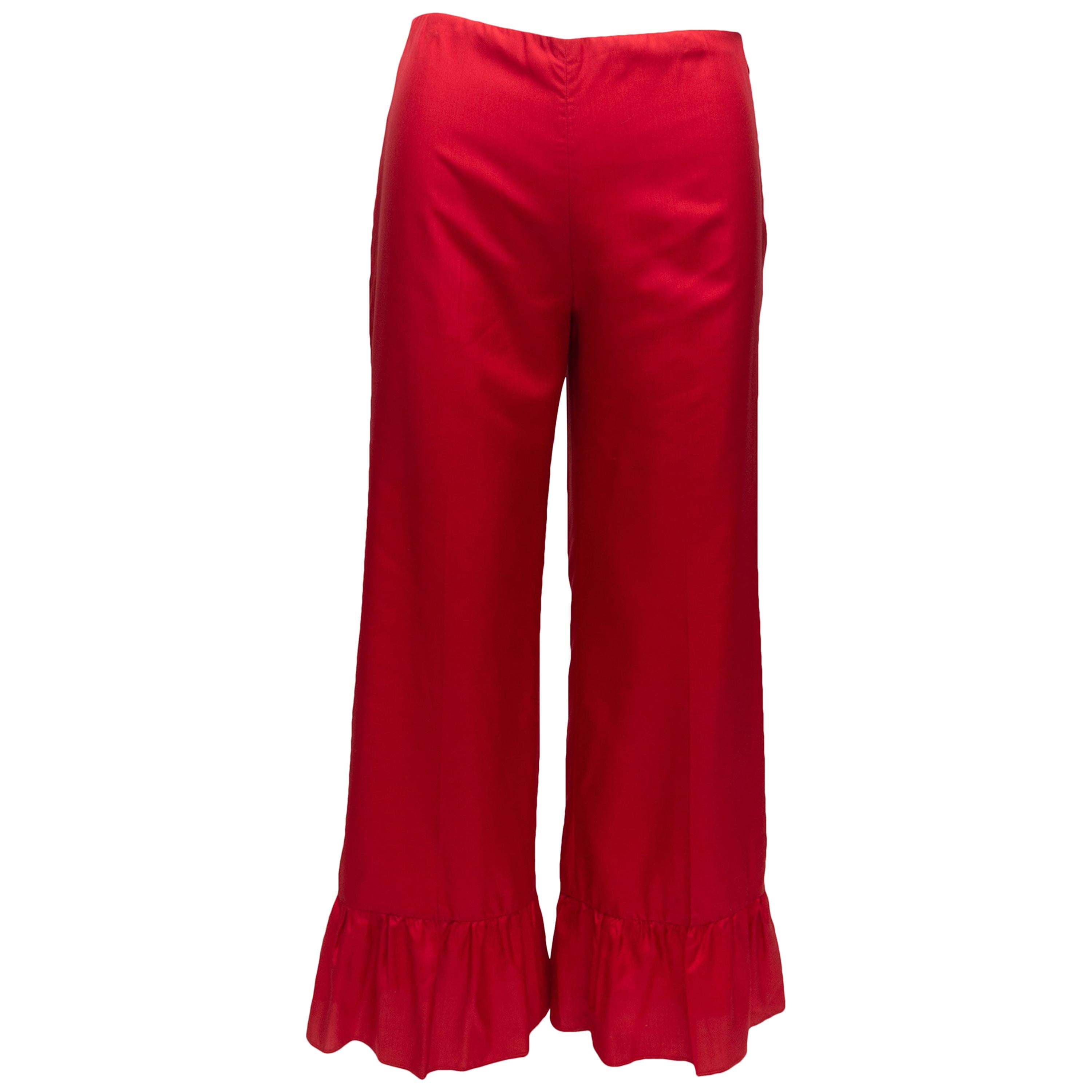 Gucci Red Silk Ruffle-Trimmed Pants