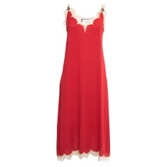 Gucci Red Silk Satin Lace Trimmed Bee Applique Detail Strappy Midi Dress M