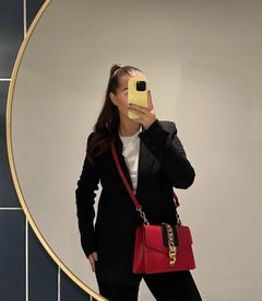 Gucci Red Smooth Calfskin Leather Navy Web Medium Sylvie Shoulder Bag