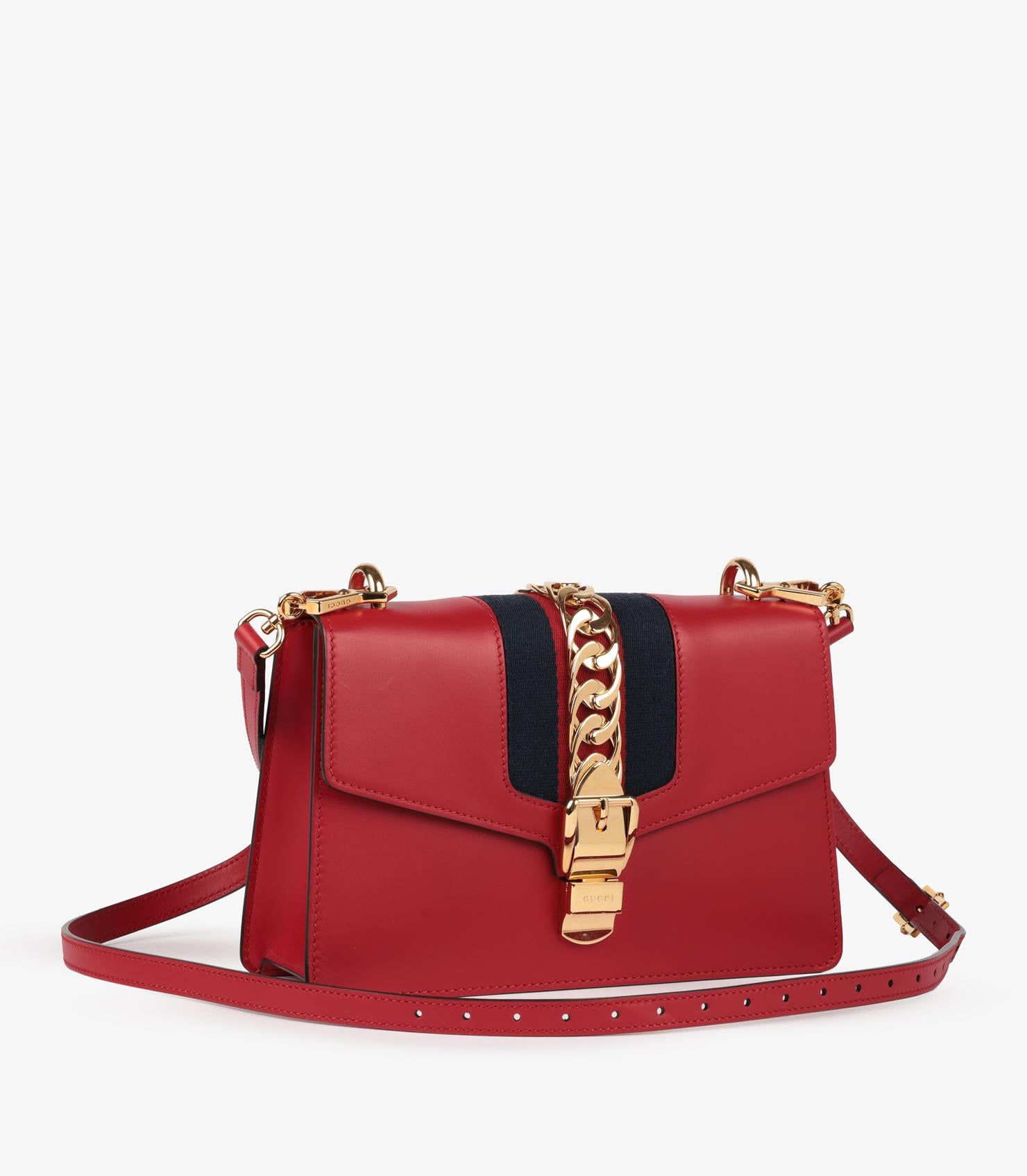 Rouge Gucci Sac à bandoulière moyen Sylvie en cuir de veau lisse rouge et toile marine en vente