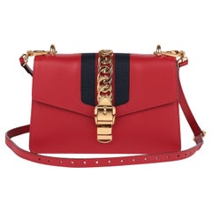 Gucci Red Smooth Calfskin Leather Navy Web Medium Sylvie Shoulder Bag