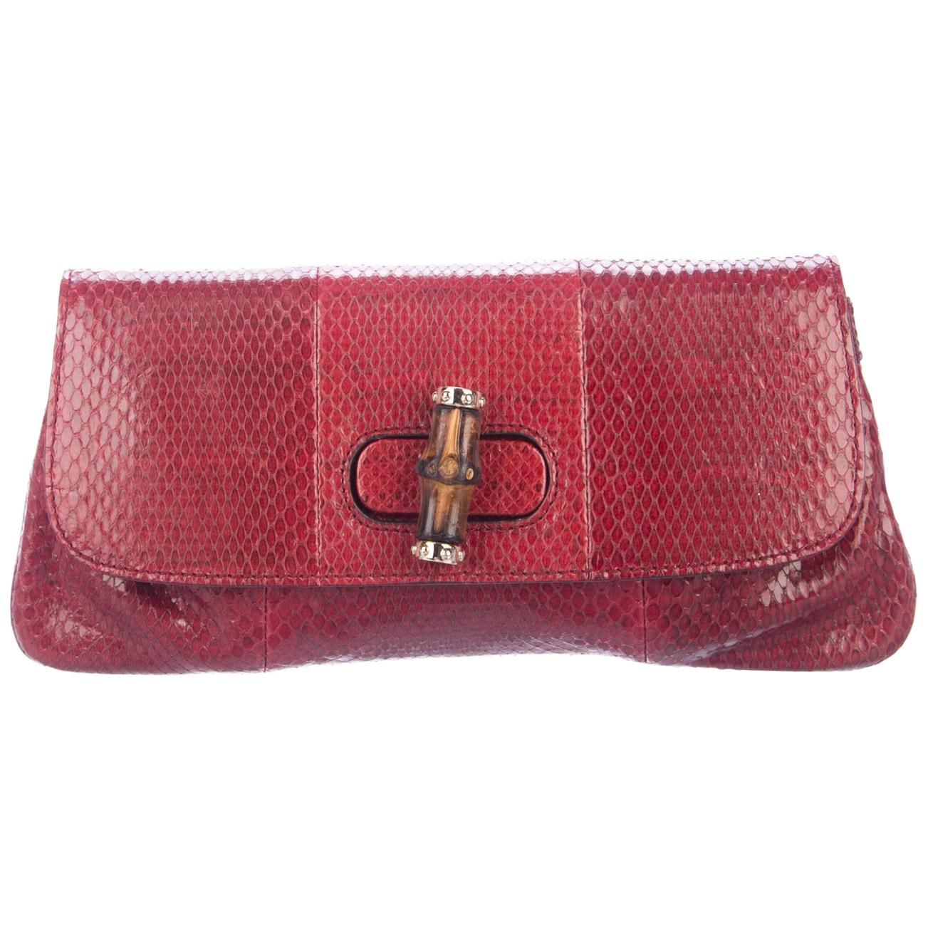 Gucci Red Snakeskin Exotic Bamboo Evening Foldover Envelope Flap Clutch Bag