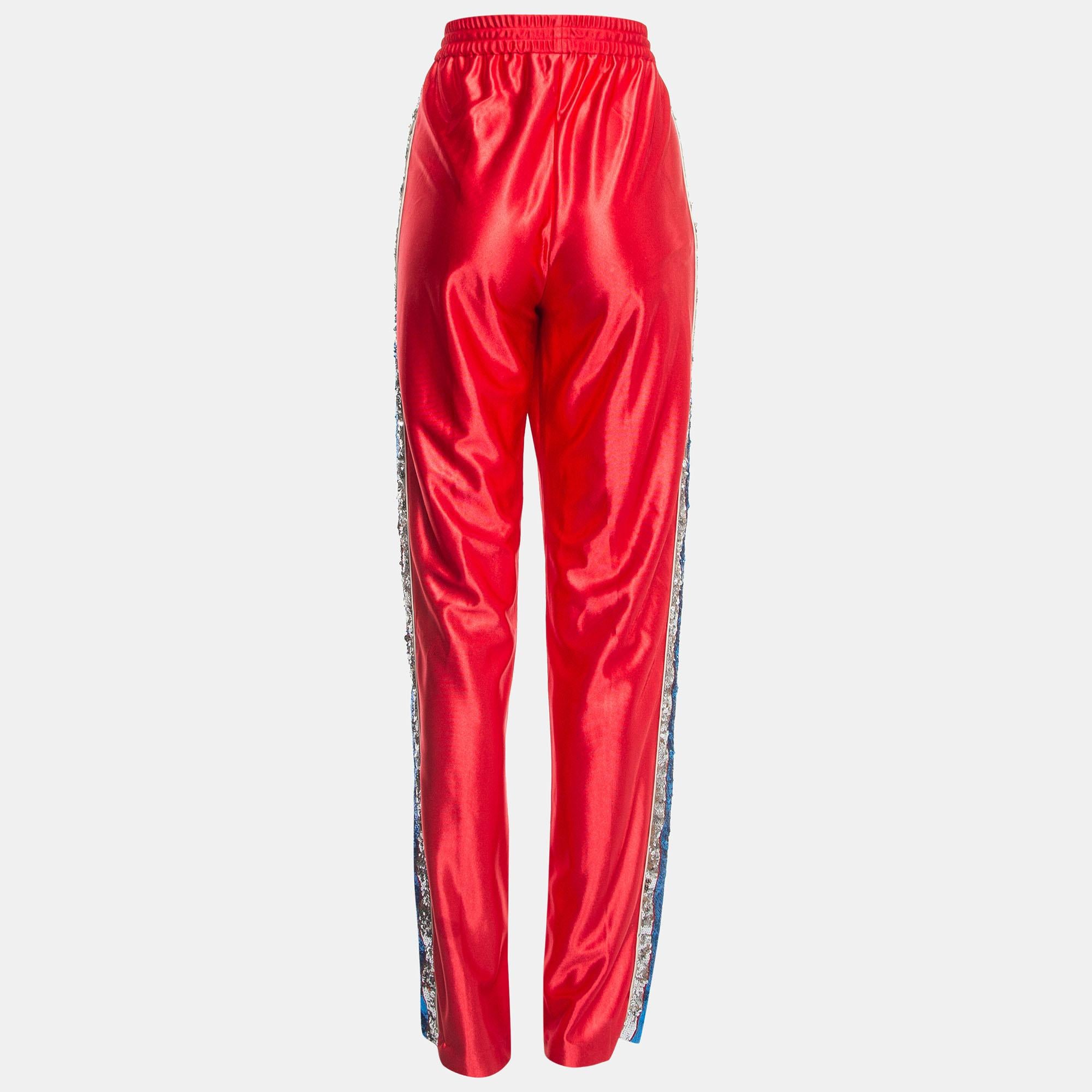 Gucci Red Stripe Sequin Embellished Satin Joggers XL In Excellent Condition In Dubai, Al Qouz 2