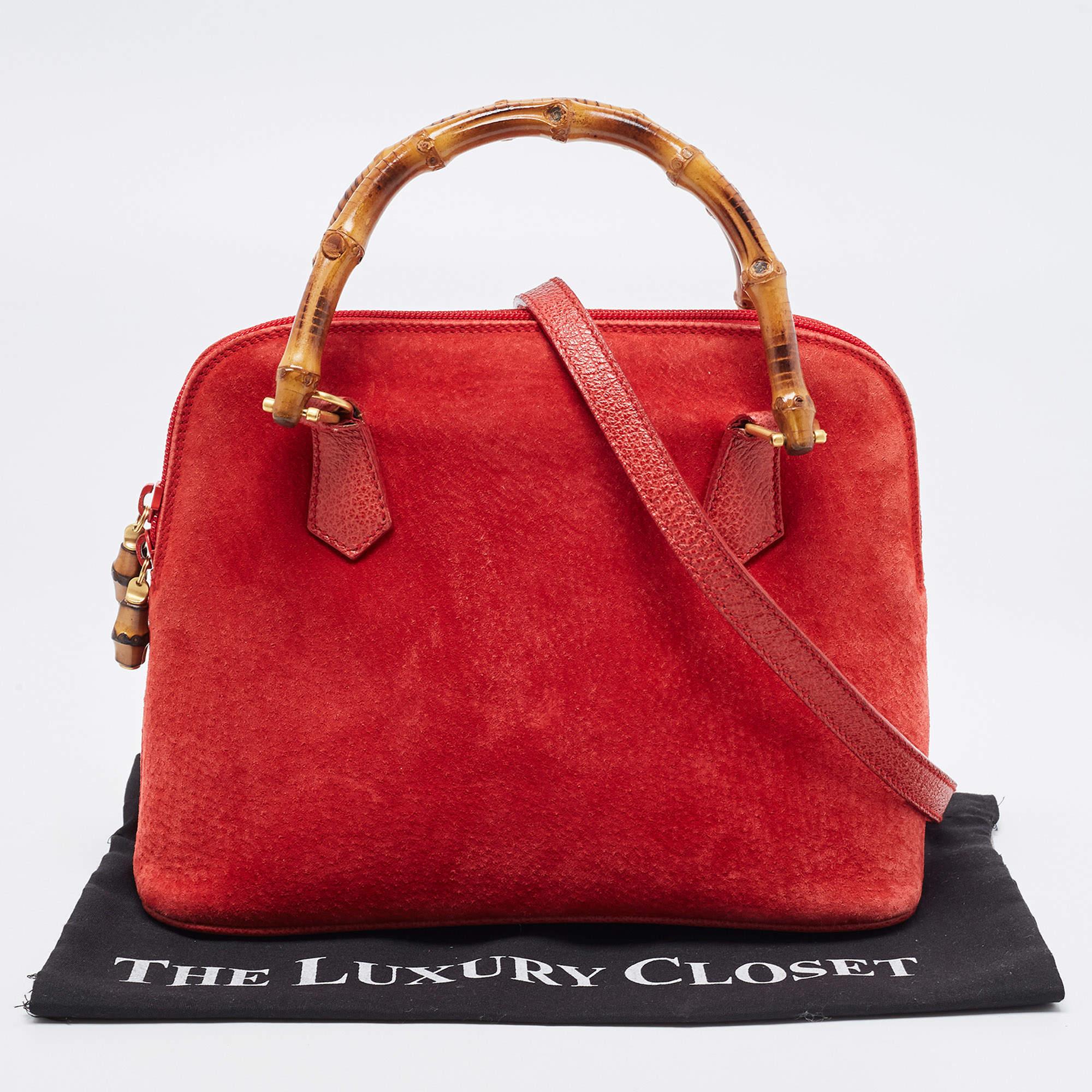 Gucci Red Suede and Leather Bamboo Handle Satchel For Sale 12