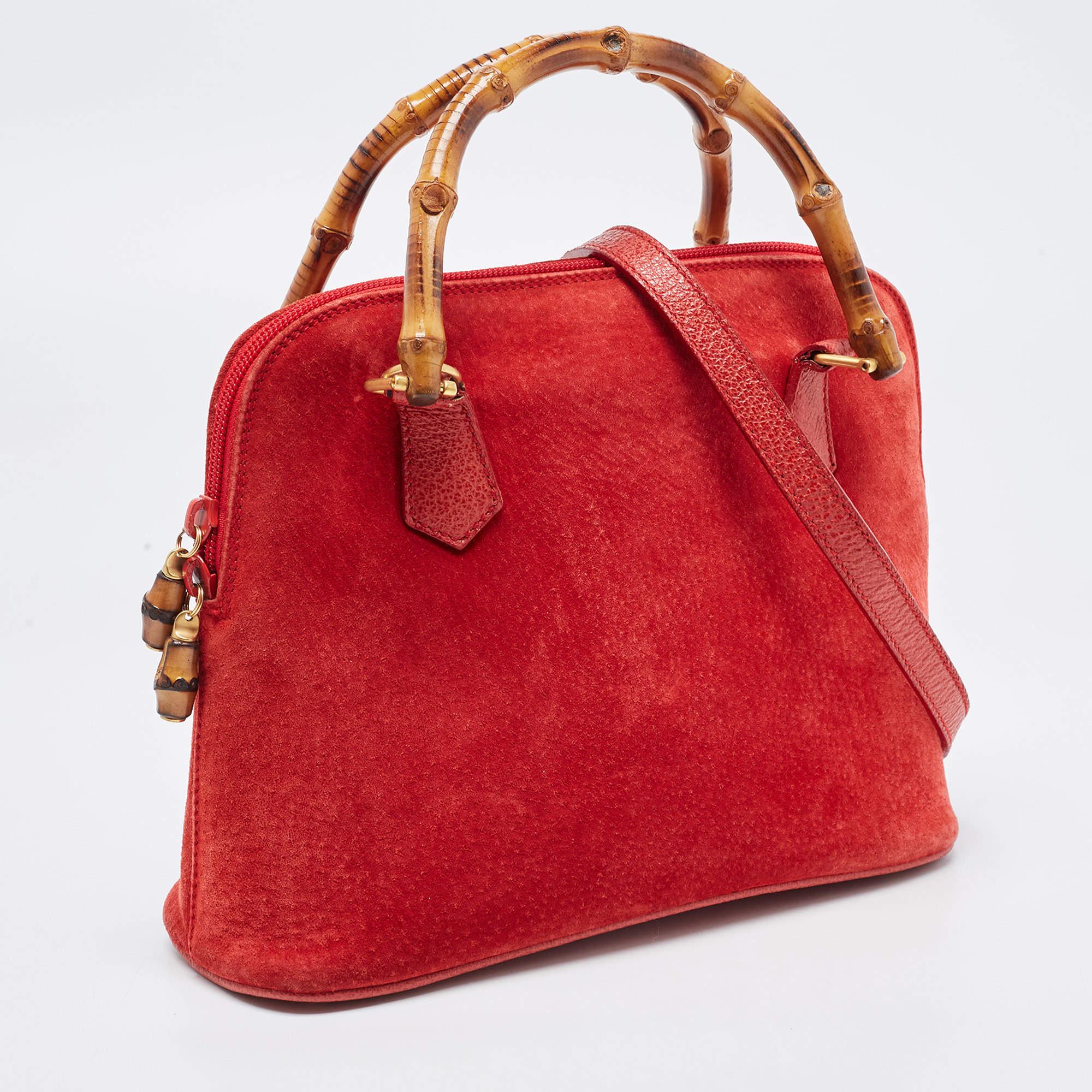 Gucci Red Suede and Leather Bamboo Handle Satchel In Good Condition In Dubai, Al Qouz 2