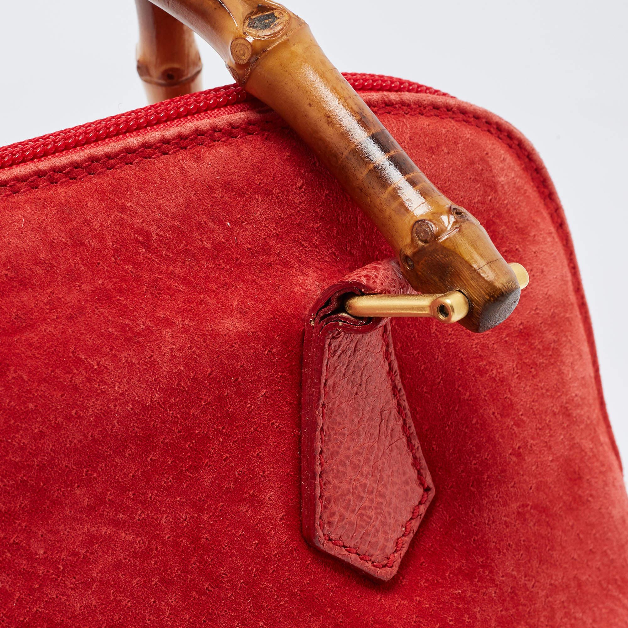 Women's Gucci Red Suede and Leather Bamboo Handle Satchel