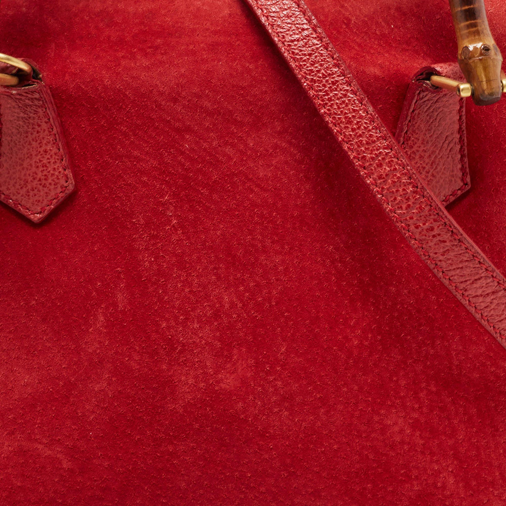 Gucci Red Suede and Leather Bamboo Handle Satchel 1