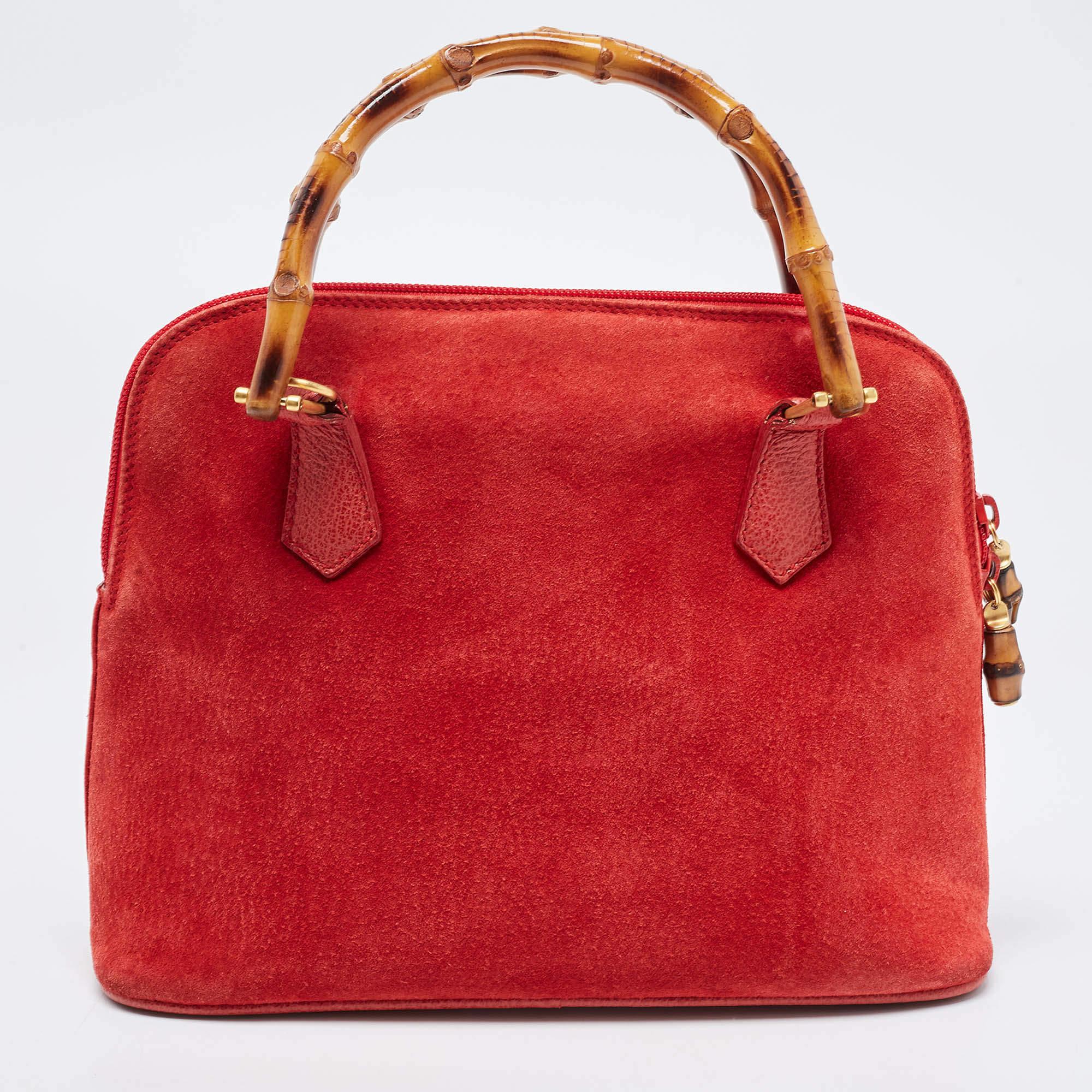 Gucci Red Suede and Leather Bamboo Handle Satchel For Sale 2