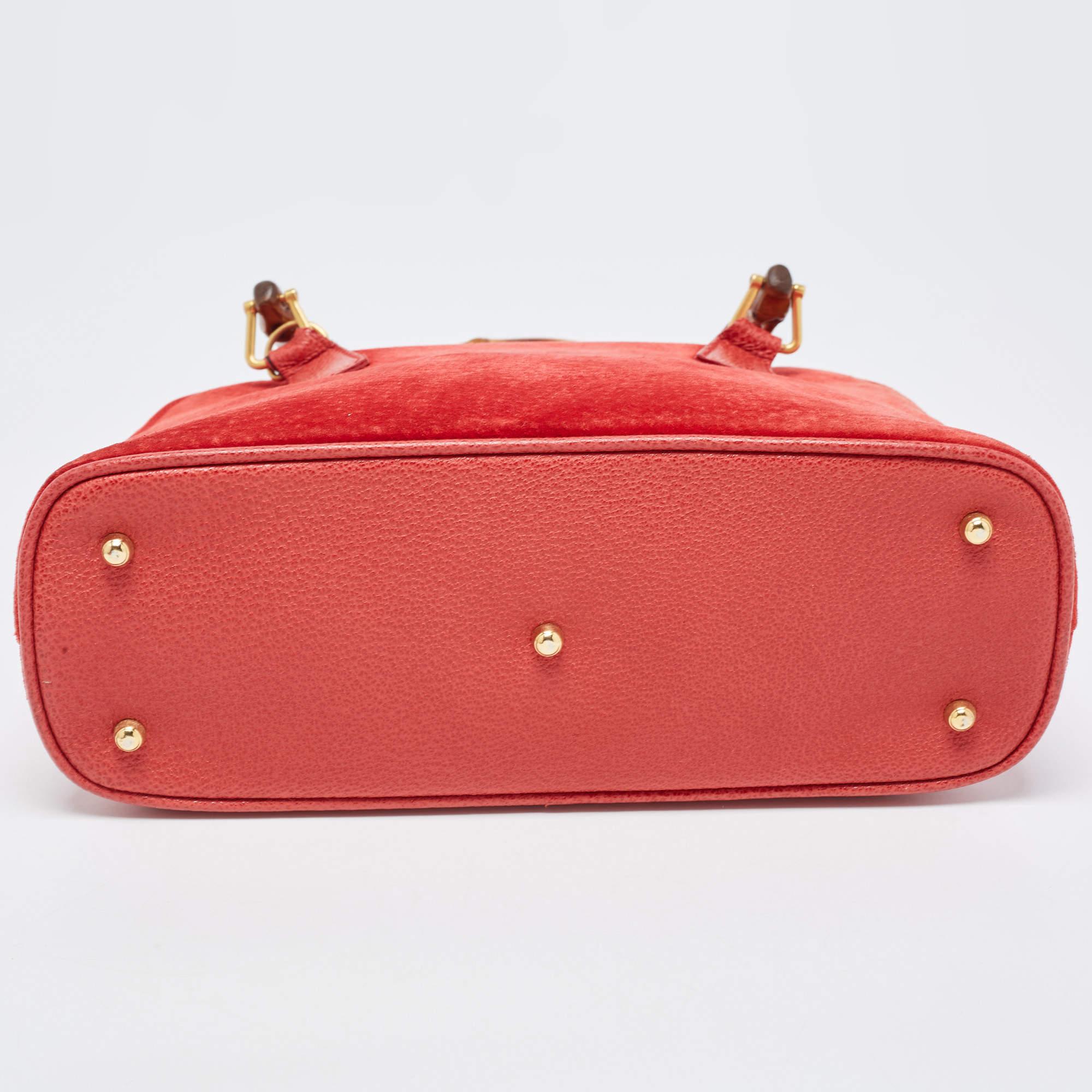 Gucci Red Suede and Leather Bamboo Handle Satchel For Sale 5