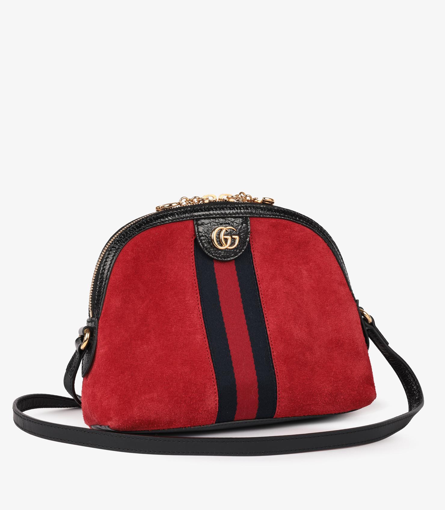 Rouge Gucci - Petit sac Ophidia en daim rouge et cuir de veau noir vieilli et brillant, toile marine en vente