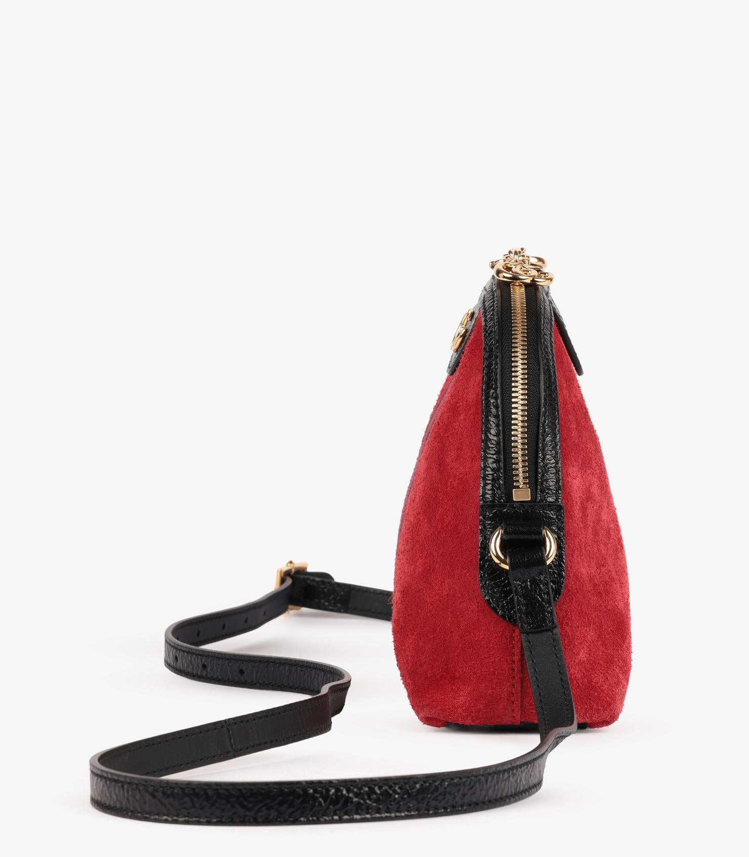 Gucci - Petit sac Ophidia en daim rouge et cuir de veau noir vieilli et brillant, toile marine en vente 1