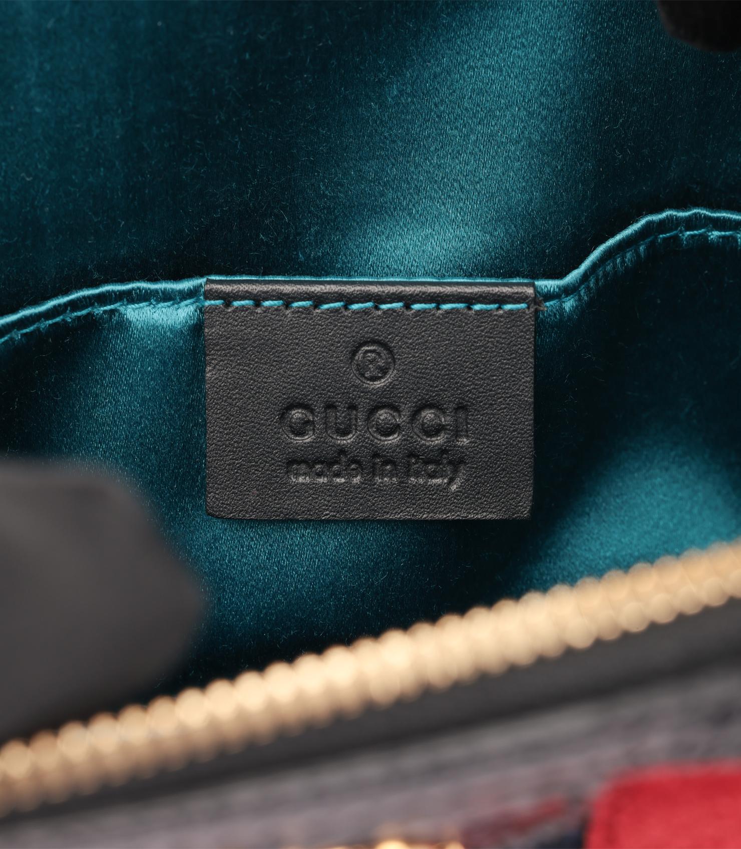 Gucci - Petit sac Ophidia en daim rouge et cuir de veau noir vieilli et brillant, toile marine en vente 3