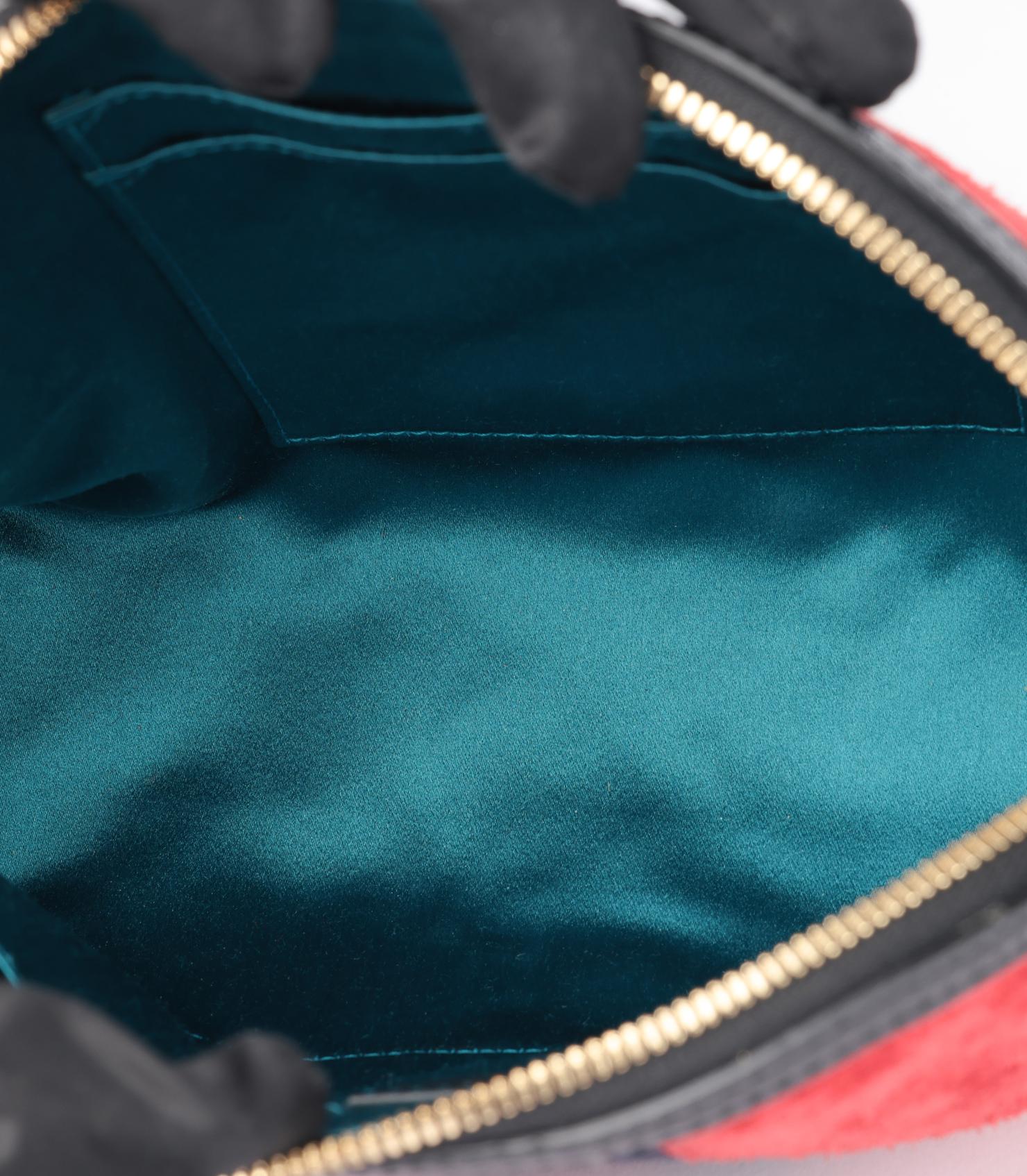 Gucci - Petit sac Ophidia en daim rouge et cuir de veau noir vieilli et brillant, toile marine en vente 4