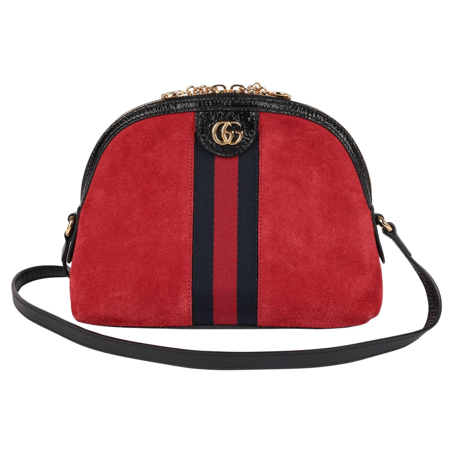 Gucci - Petit sac Ophidia en daim rouge et cuir de veau noir vieilli et brillant, toile marine
