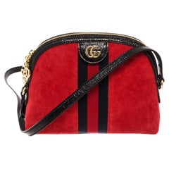 Gucci Red Suede Black Leather Ophidia Dome Shoulder Bag