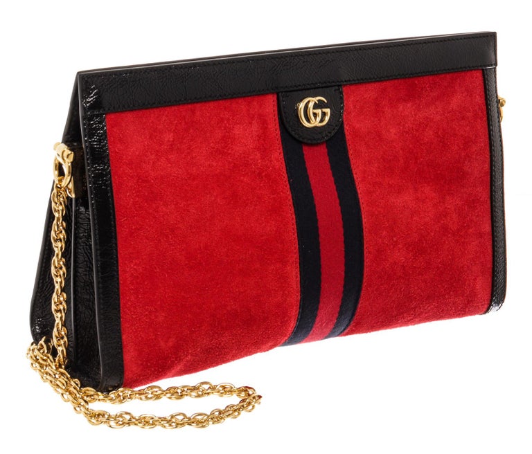 Gucci Red Suede Black Leather Ophidia Large Shoulder Bag For Sale at