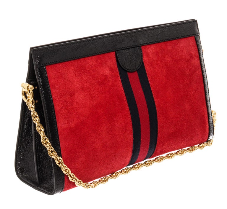 Gucci Red Suede Black Leather Ophidia Large Shoulder Bag For Sale at