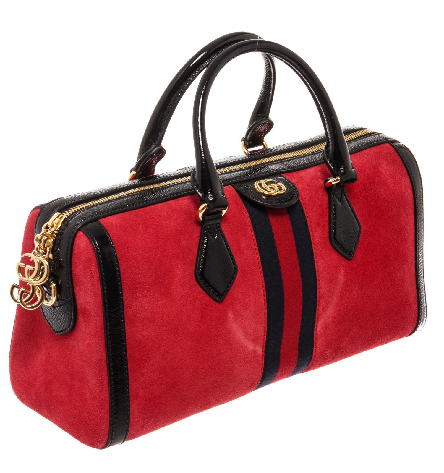 Gucci Ophidia Medium Boston bag with red suede leather and black patent leather trim, dual rolled top handles and detachable shoulder strap, gold-tone hardware, blue and red Web signature stripes around the bag, GG detailing on the front, upper