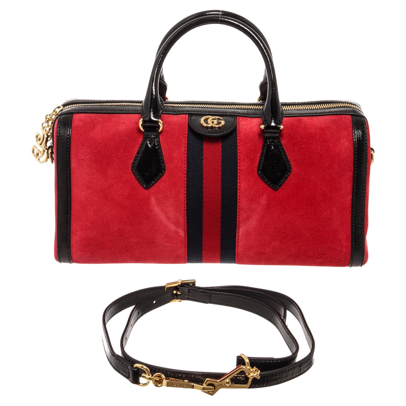 Gucci Red Suede Black Leather Ophidia Medium Boston Handbag For Sale