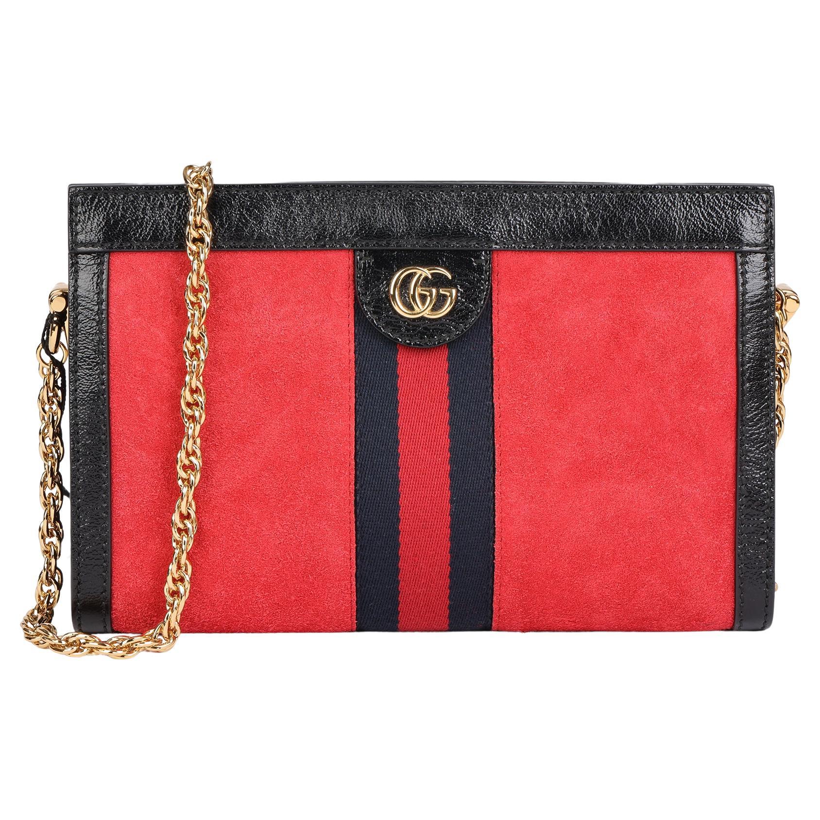 GUCCI Red Suede & Black Patent Leather Orphidia Shoulder Bag