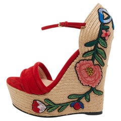 Gucci Red Suede Floral Embroidered Wedge Ankle Strap Espadrilles Size 37