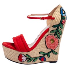 Gucci Red Suede Floral Embroidered Wedge Platform Ankle Strap Size 39