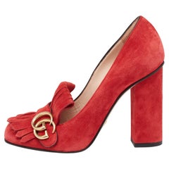 Gucci Red Suede GG Marmont Fringe Block Heel Pumps Size 39