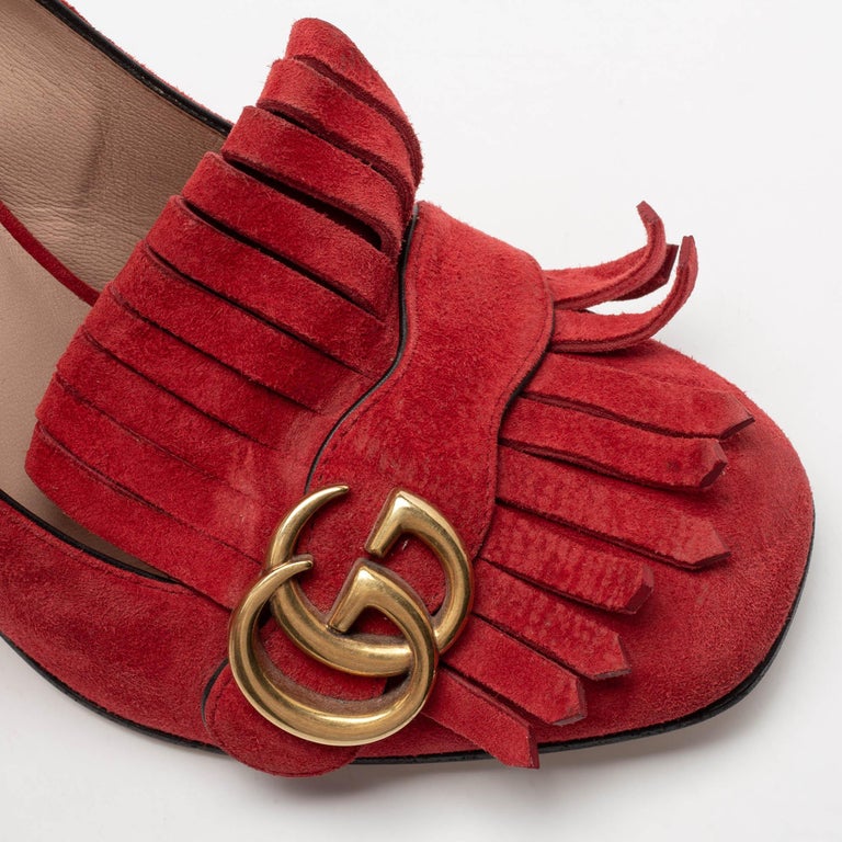 Gucci Red Suede GG Marmont Fringed Block Heel Pumps Size 38 at 1stDibs |  gucci fringe heels, gucci marmont fringe heels, red gucci heels