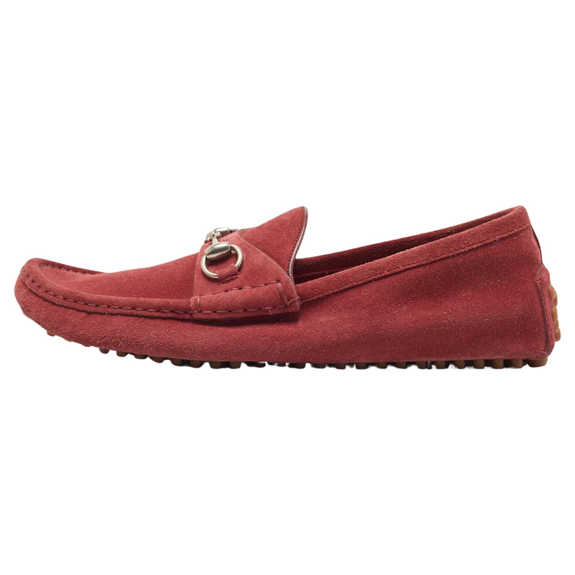 Gucci Red Suede Horsebit Slip On Loafers Size 42 For Sale