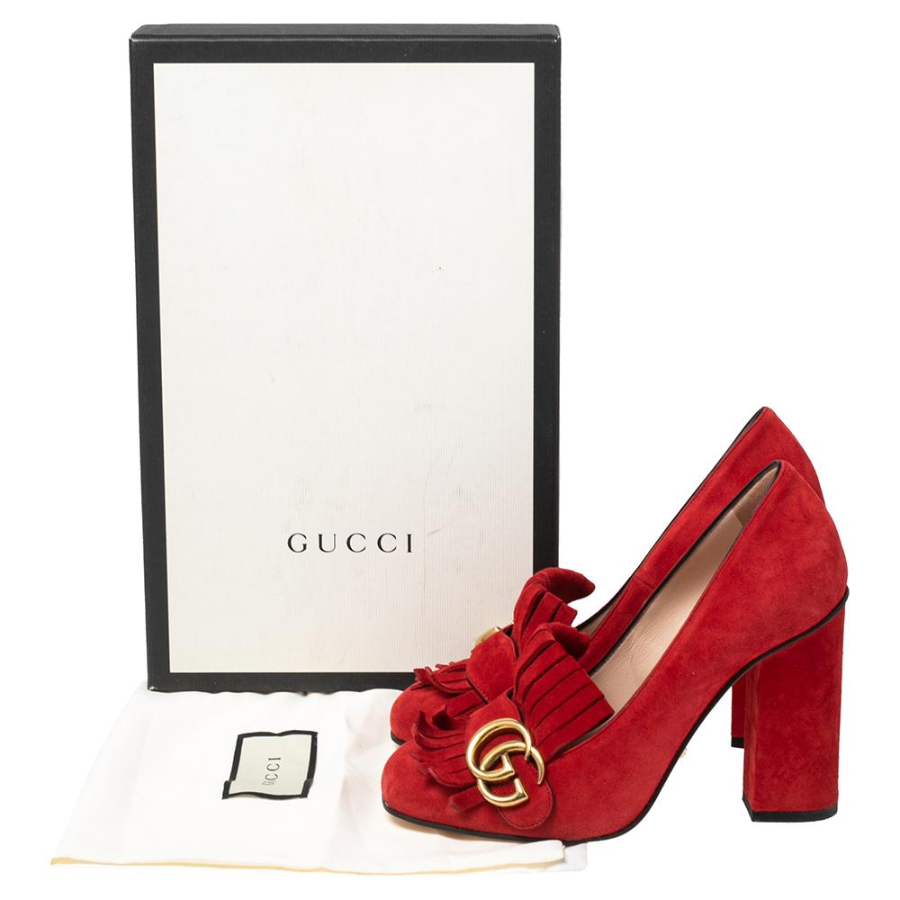 Gucci Red Suede Leather GG Marmont Fringe Detail Block Heel Pumps Size 36.5 1