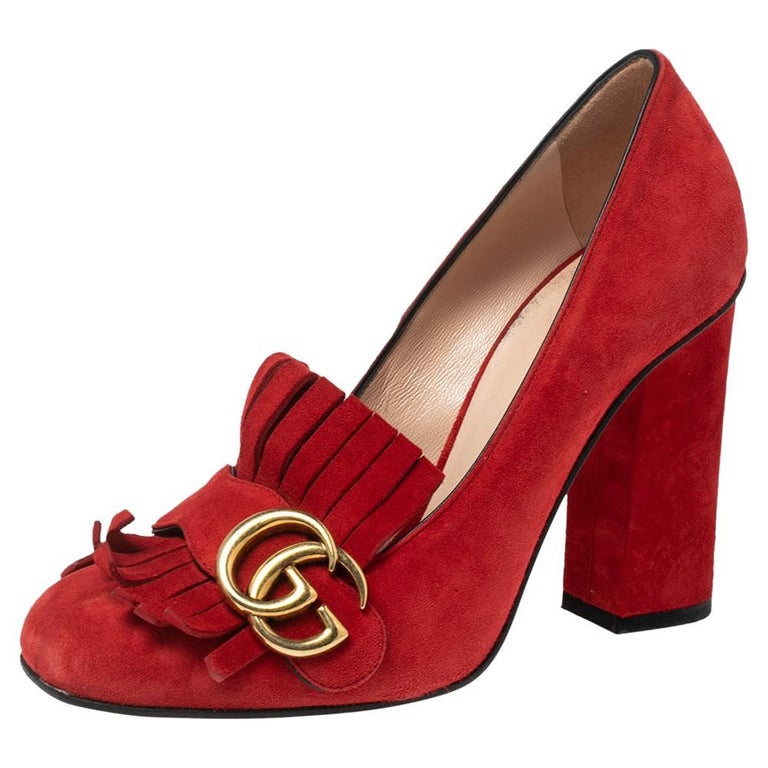 Gucci Red Suede Leather GG Marmont Fringe Detail Block Heel Pumps Size 36.5  at 1stDibs | gucci fringe heels, gucci red pumps, gucci red heels