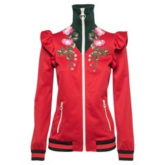 Gucci Red Technical Jersey Floral Embroidered Zip-Up Jacket S