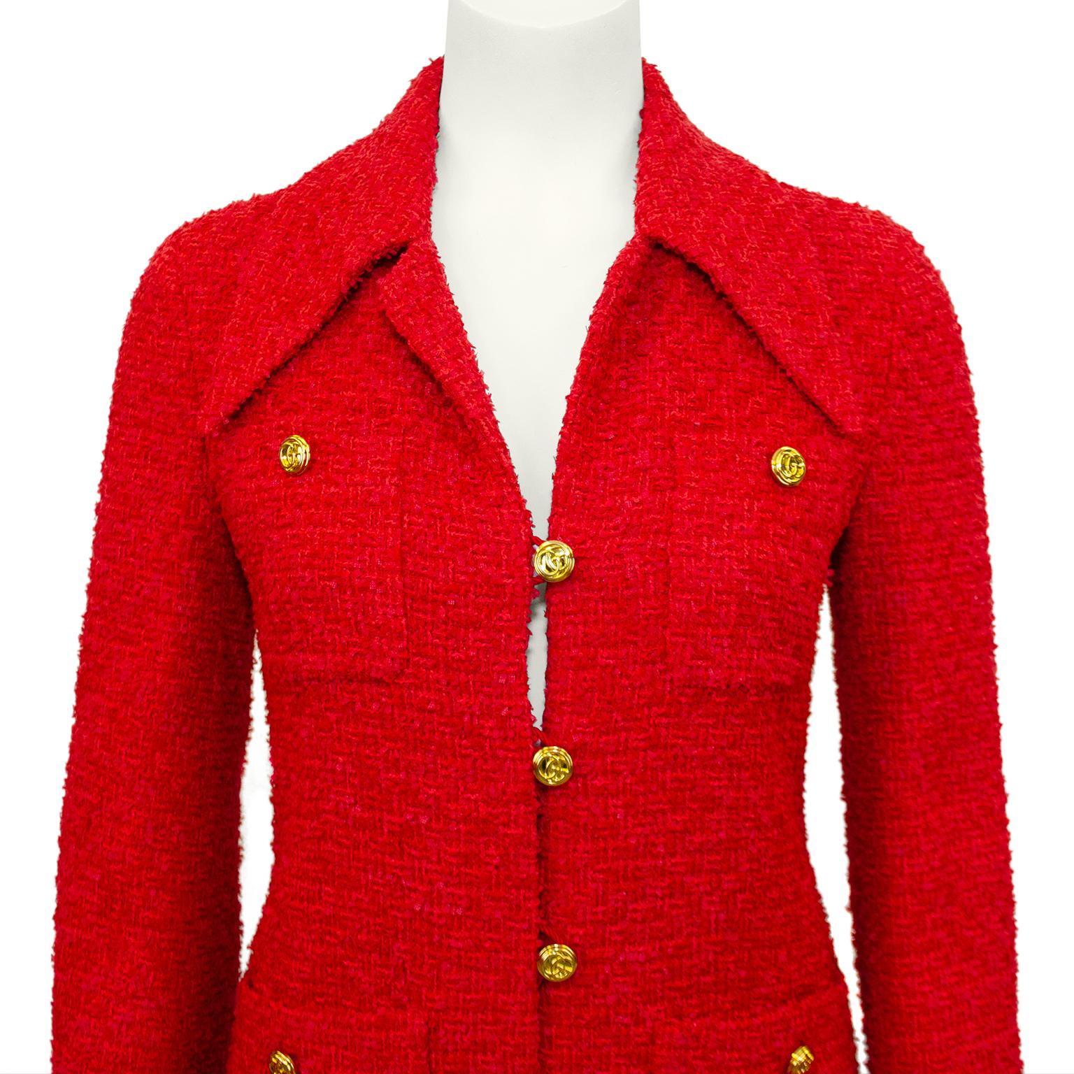 Women's Gucci Red Tweed Long Jacket with Gold Buttons  For Sale
