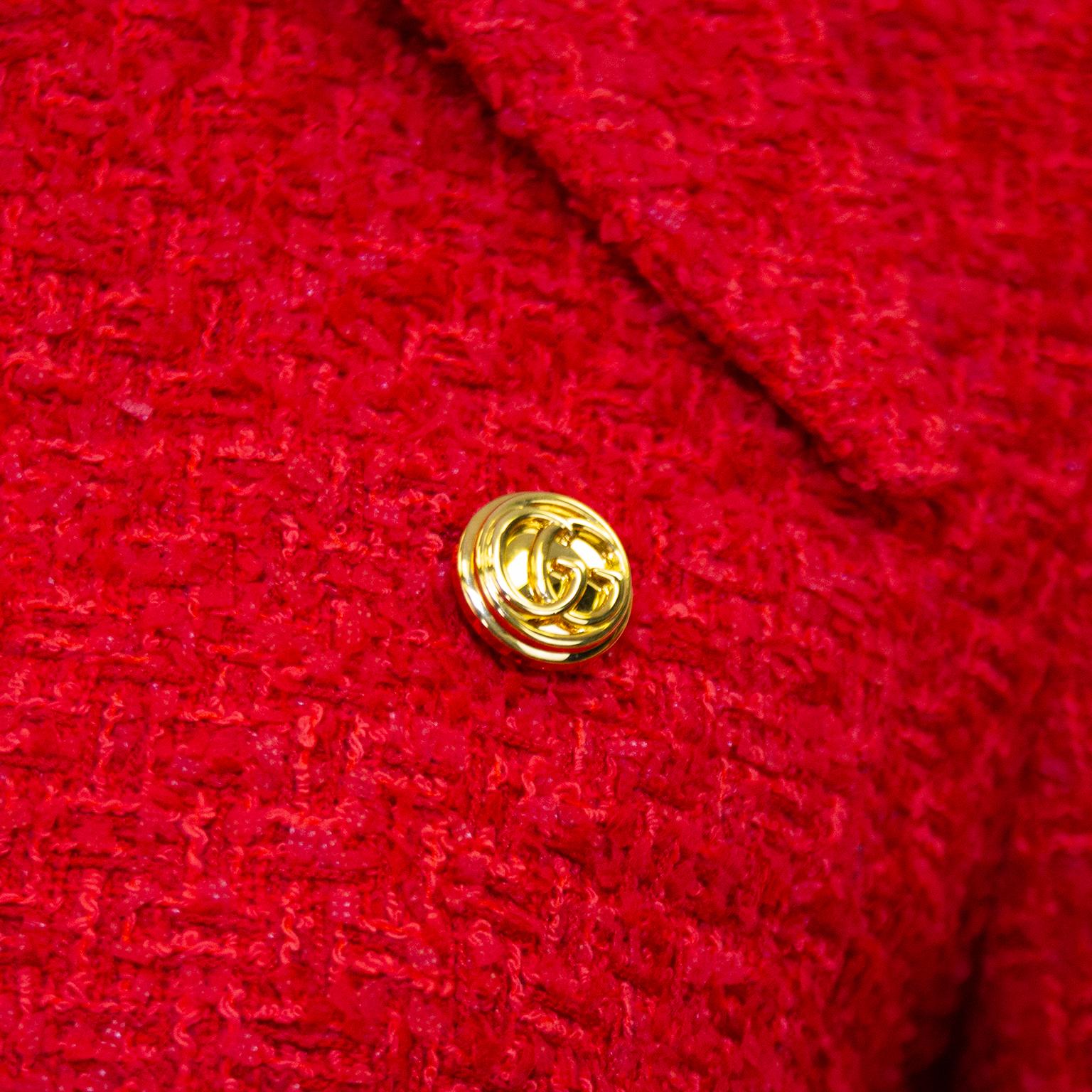 Gucci Red Tweed Long Jacket with Gold Buttons  For Sale 1