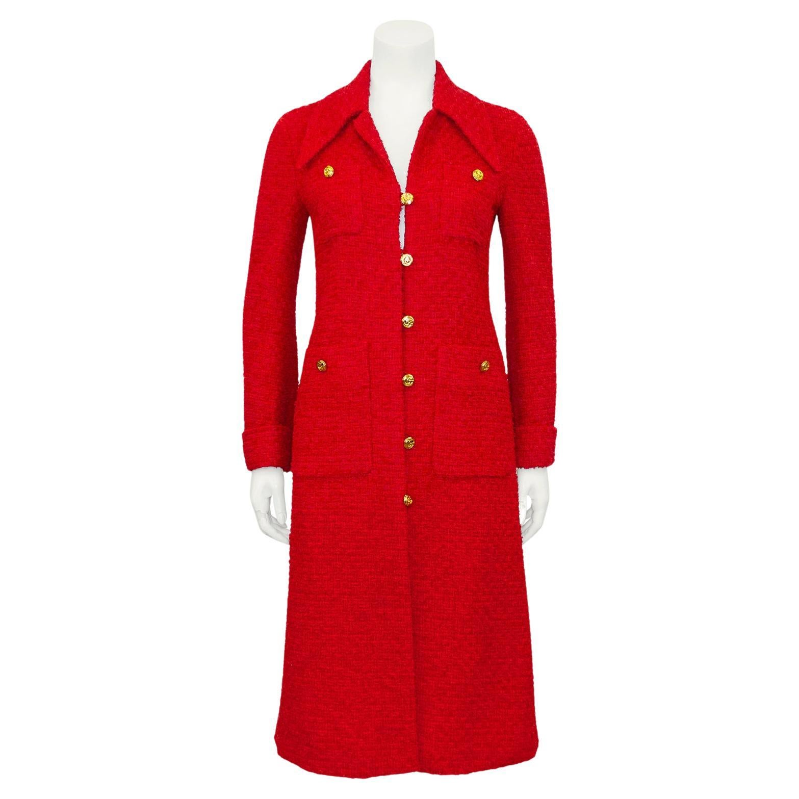Gucci Red Tweed Long Jacket with Gold Buttons For Sale at 1stDibs