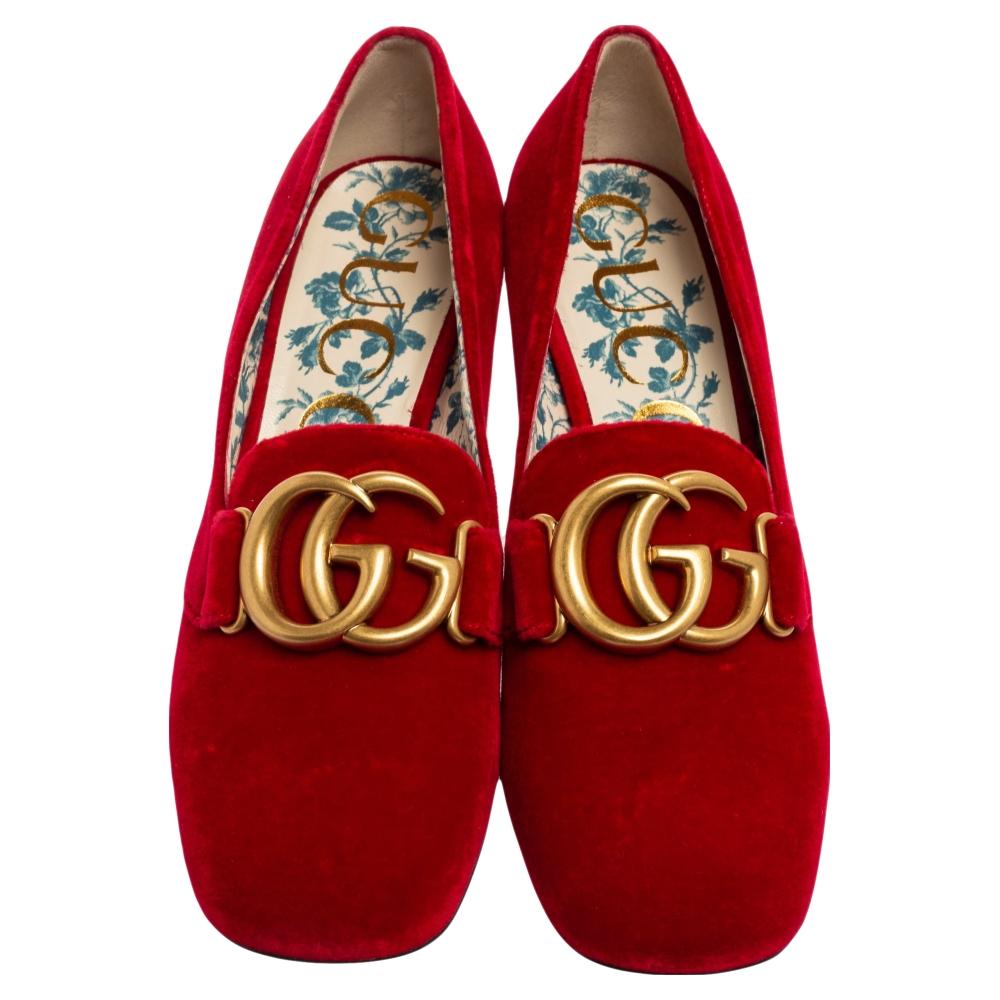 Women's Gucci Red Velvet GG Marmont Victoire Block Heel Pumps Size 37.5