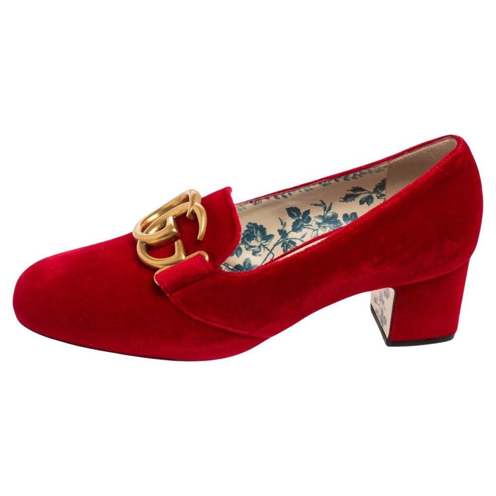 Gucci Red Velvet GG Marmont Victoire Block Heel Pumps Size 37.5