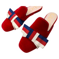 Gucci Red Velvet Striped Bow Flat Mule Slippers